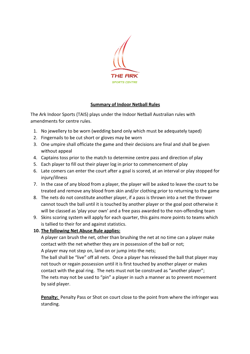 Summary of Indoor Netball Rules the Ark Indoor Sports (TAIS) Plays Under the Indoor Netball Australian Rules with Amendments for Centre Rules