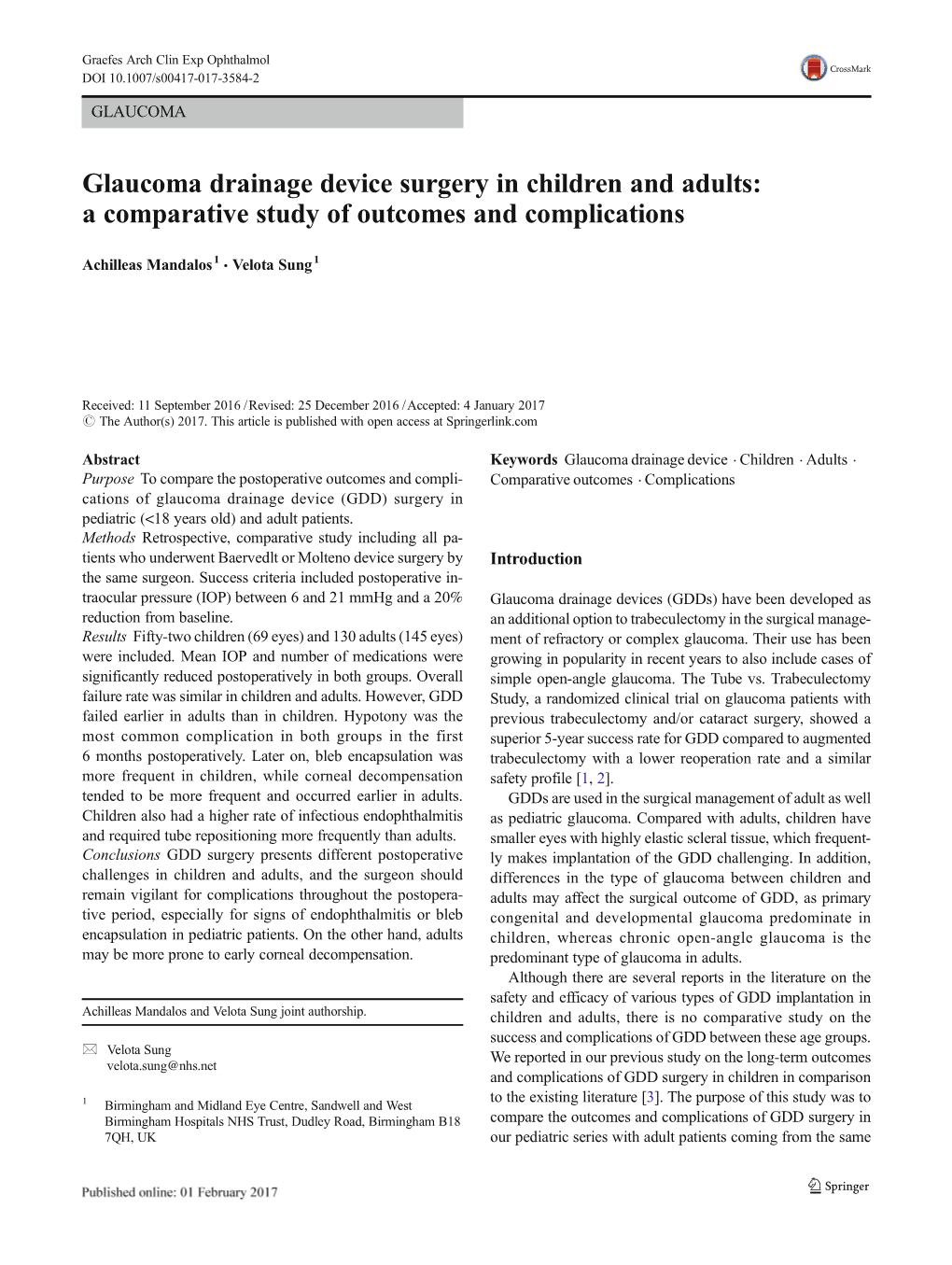 Glaucoma Drainage Device Surgery in Children and Adults: a Comparative Study of Outcomes and Complications