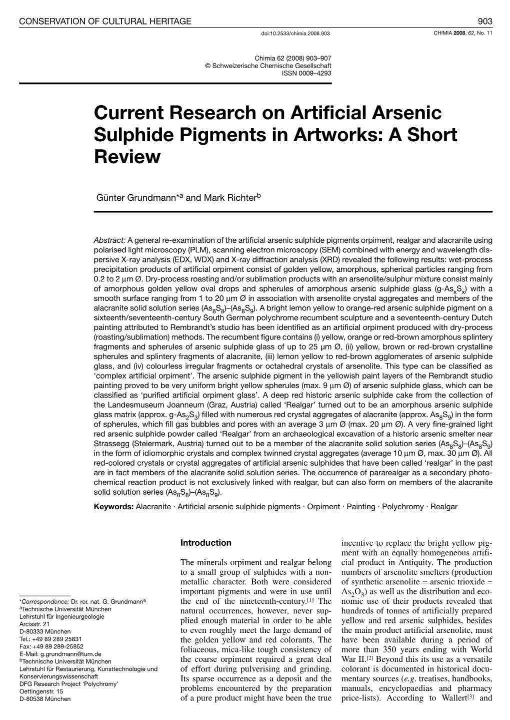 Current Research on Artificial Arsenic Sulphide Pigments in Artworks: Ashort Review
