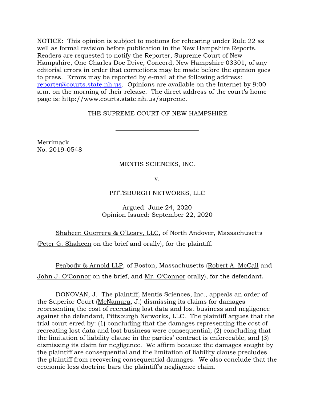 Mentis Sciences, Inc. V. Pittsburgh Networks