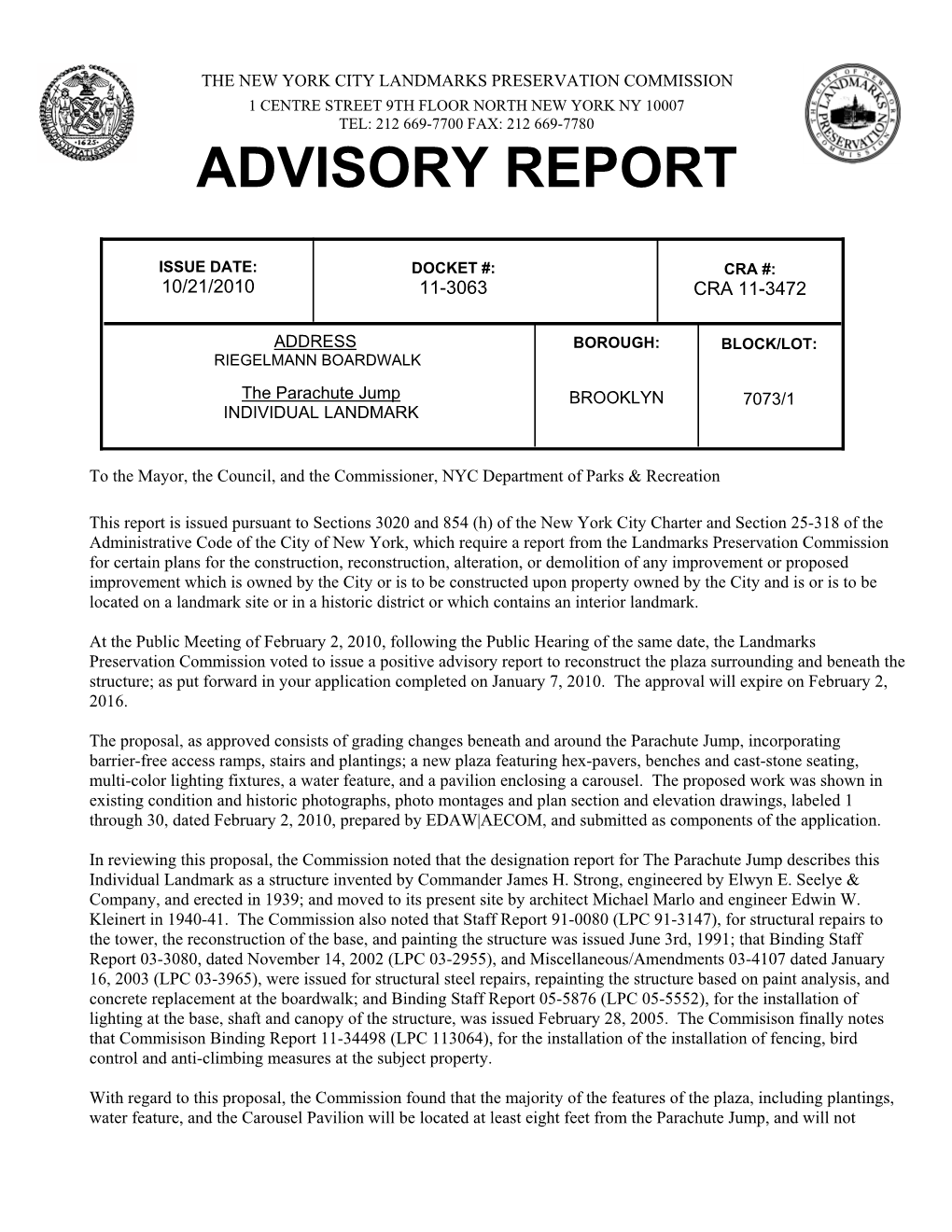 Advisory Report for RIEGELMANN BOARDWALK, BROOKLYN