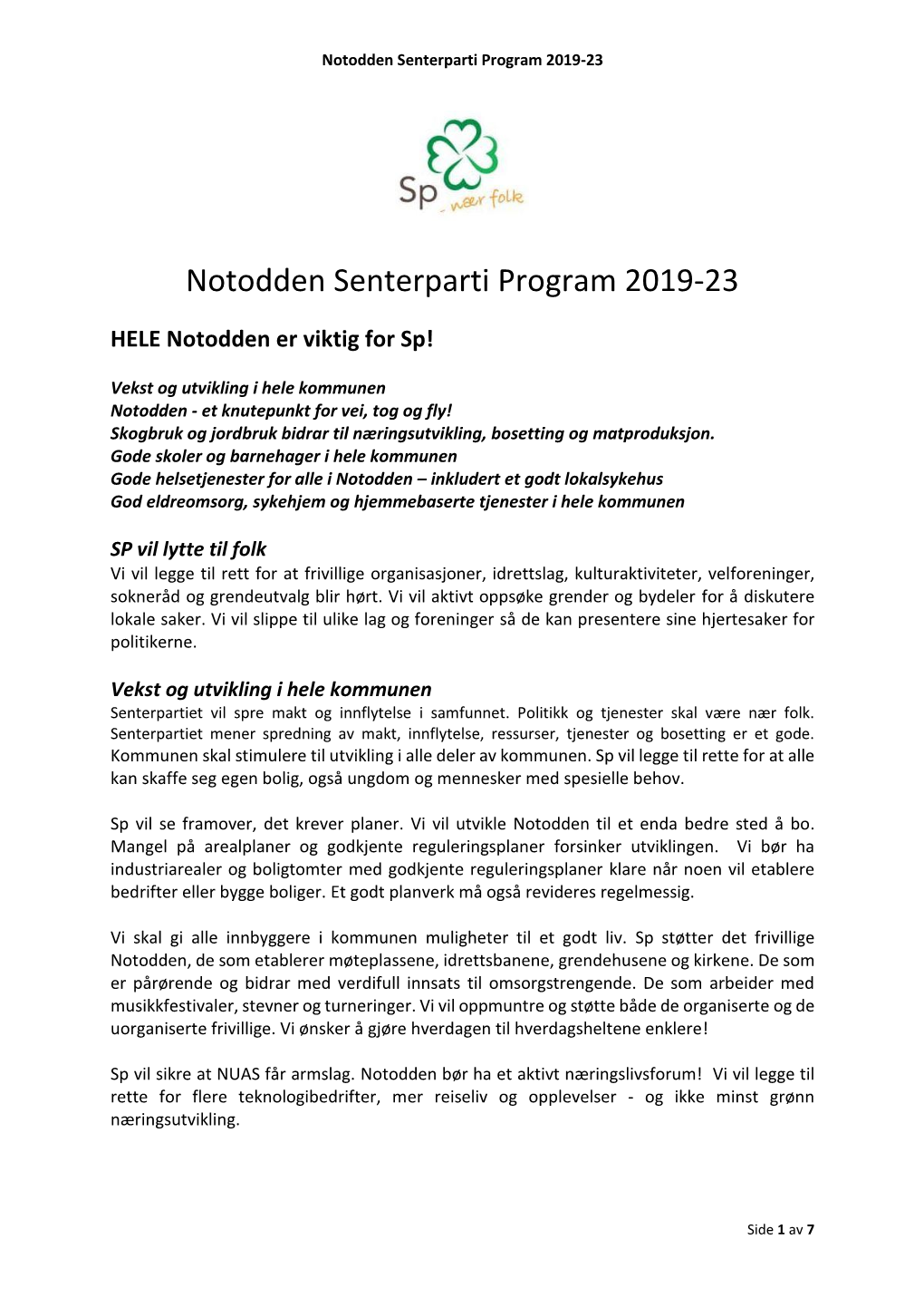 Notodden Senterparti Program 2019-23