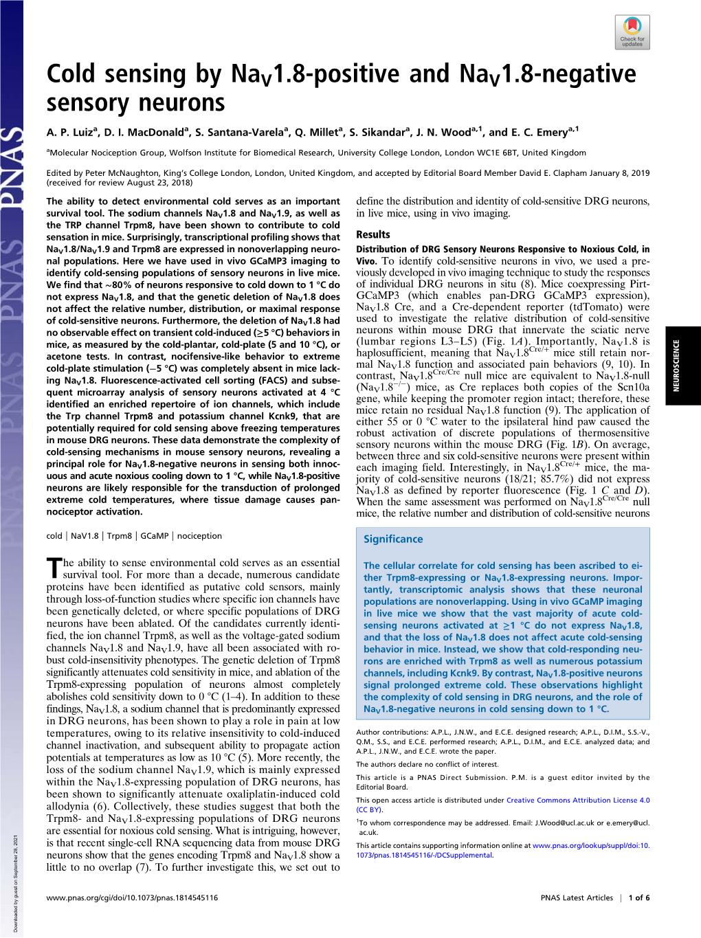 Cold Sensing by Nav1.8-Positive and Nav1.8-Negative Sensory Neurons