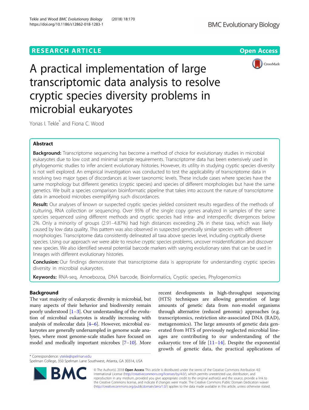 A Practical Implementation of Large Transcriptomic Data Analysis to Resolve Cryptic Species Diversity Problems in Microbial Eukaryotes Yonas I