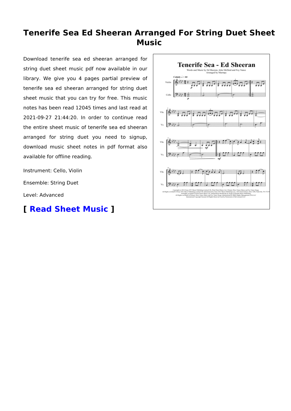 Tenerife Sea Ed Sheeran Arranged for String Duet Sheet Music