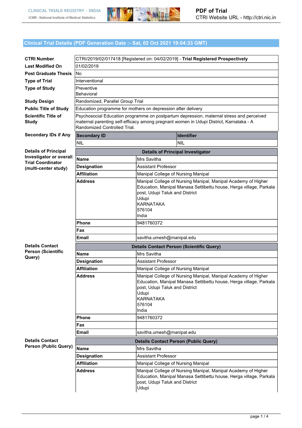 Clinical Trial Details (PDF Generation Date :- Sat, 02 Oct 2021 19:04:33 GMT)