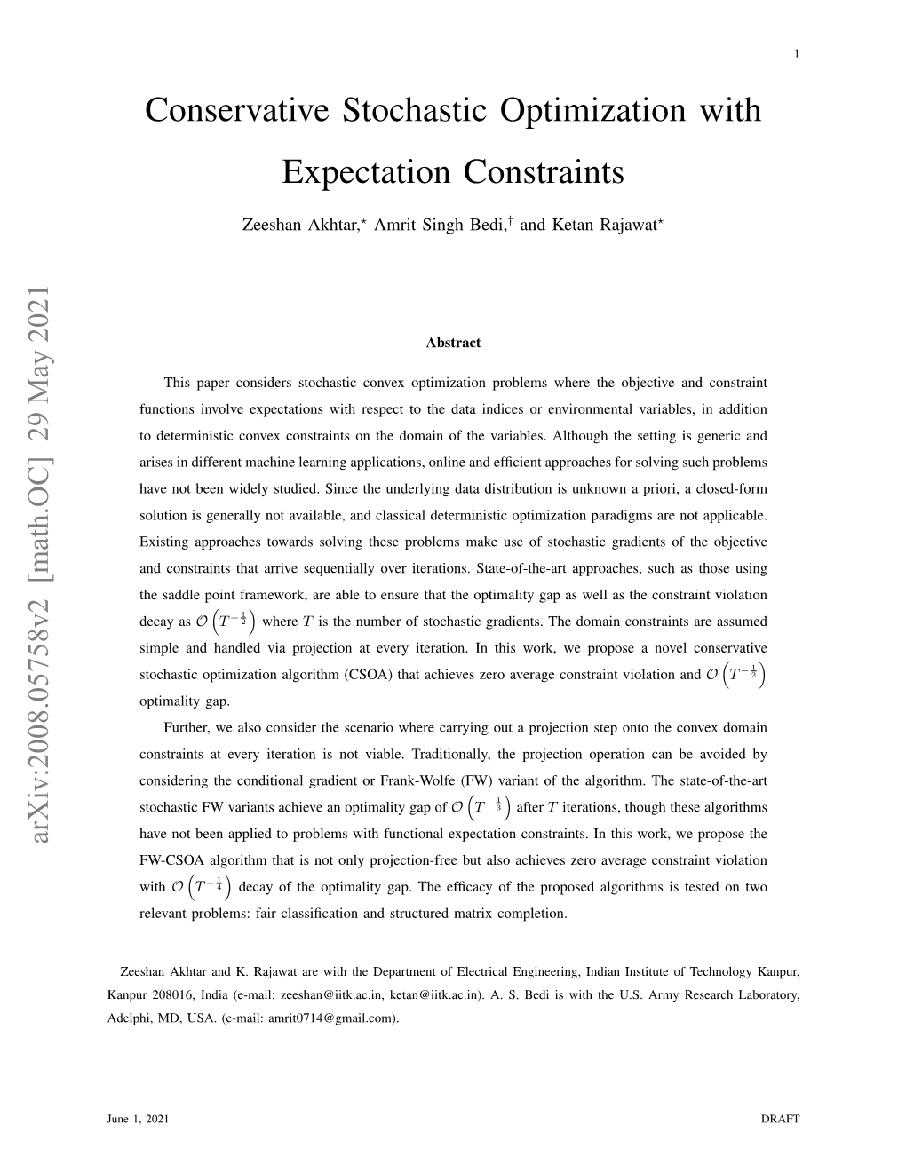 Conservative Stochastic Optimization with Expectation Constraints