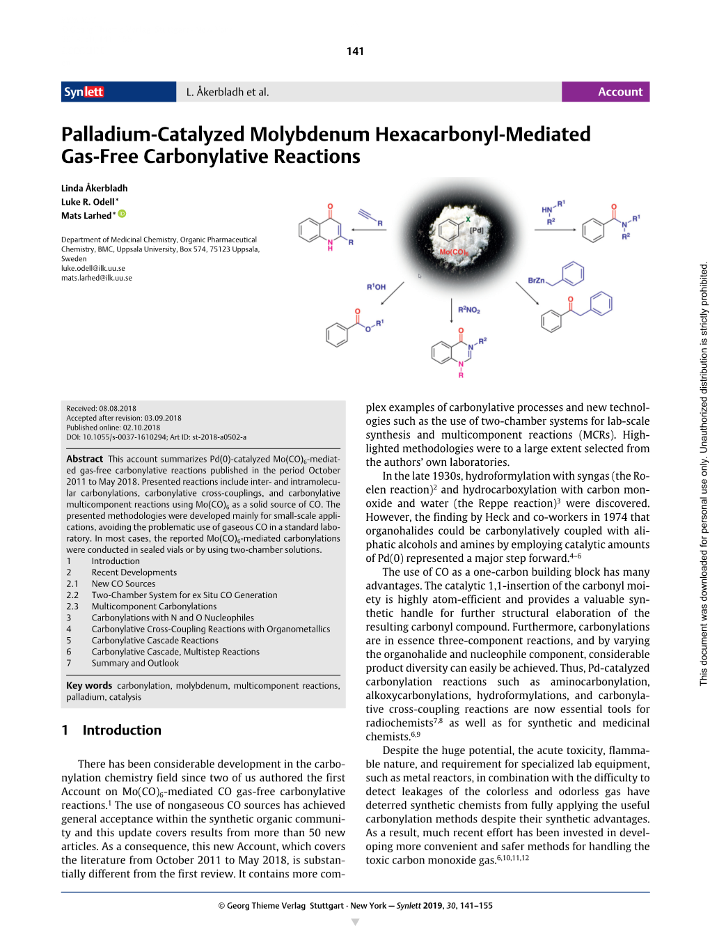 Palladium-Catalyzed Molybdenum Hexacarbonyl-Mediated Gas-Free Carbonylative Reactions