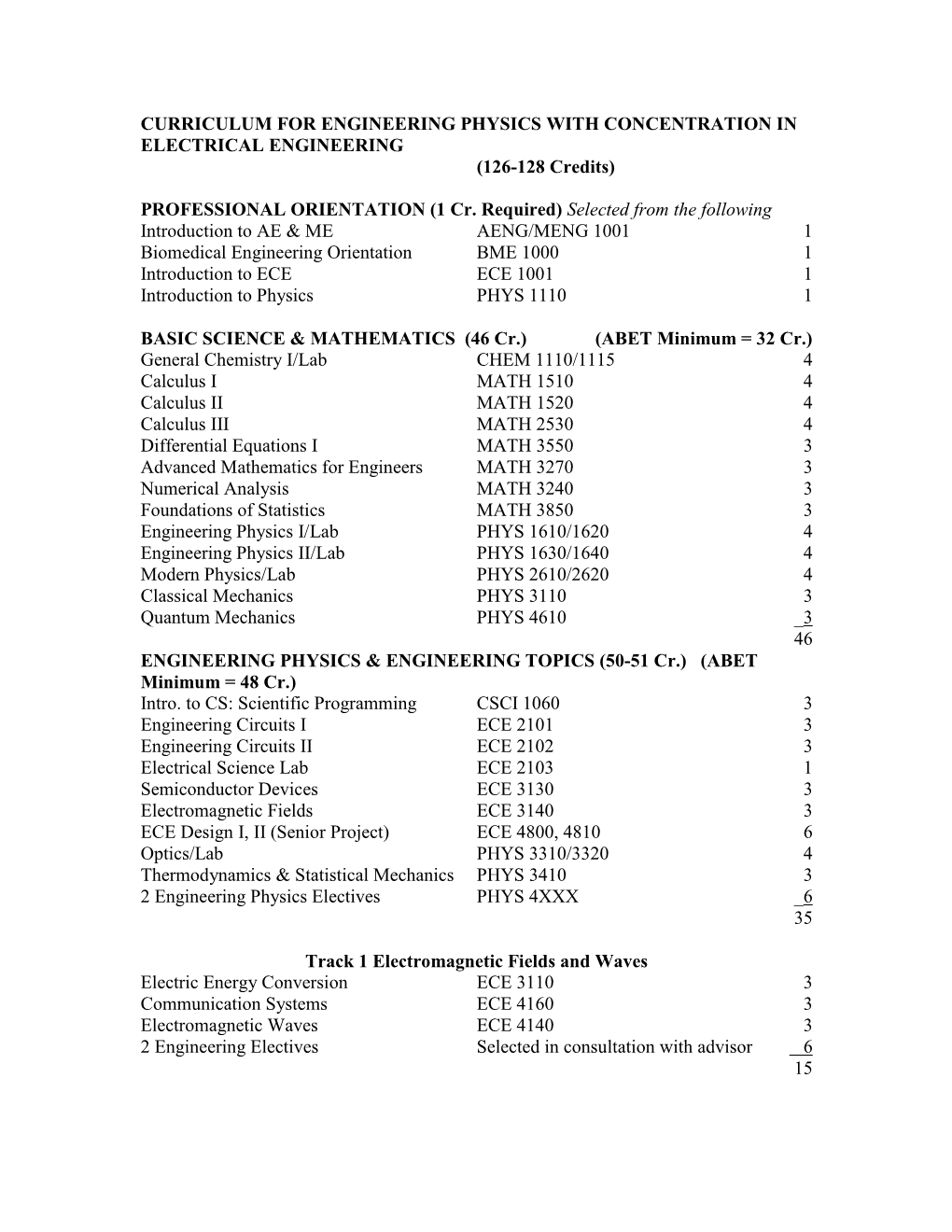 Curriculum for Engineering Physics with Concentration in Electrical and Computer Engineering