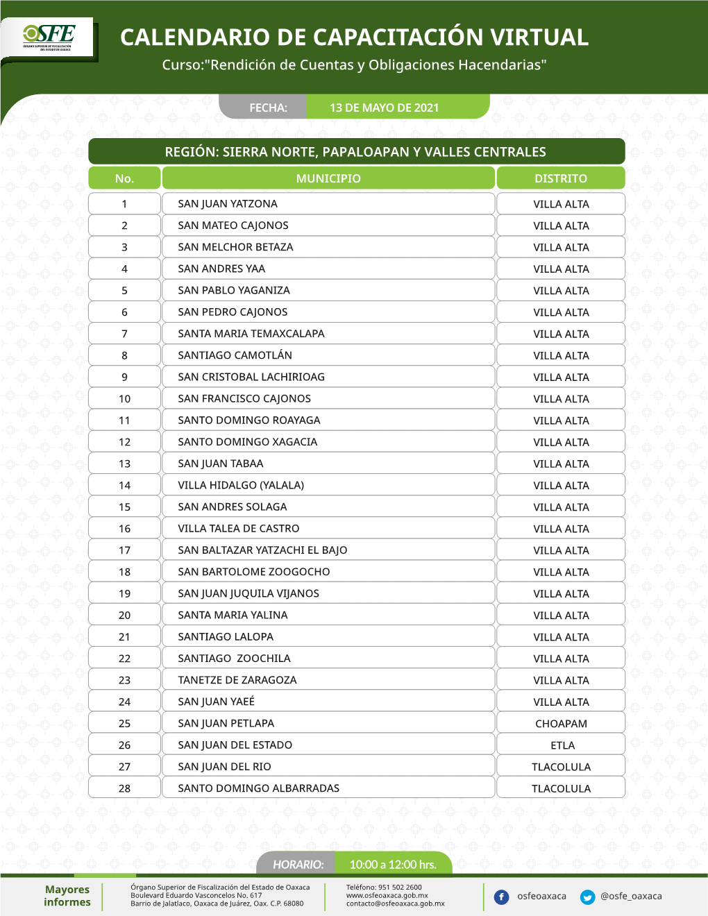 CALENDARIO DE CAPACITACIÓN VIRTUAL Curso:"Rendición De Cuentas Y Obligaciones Hacendarias"