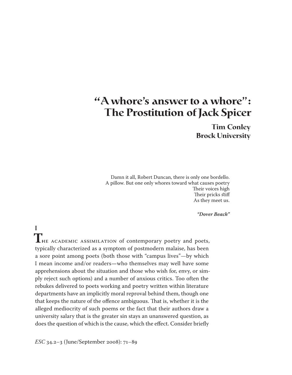 “A Whore's Answer to a Whore”: the Prostitution of Jack Spicer