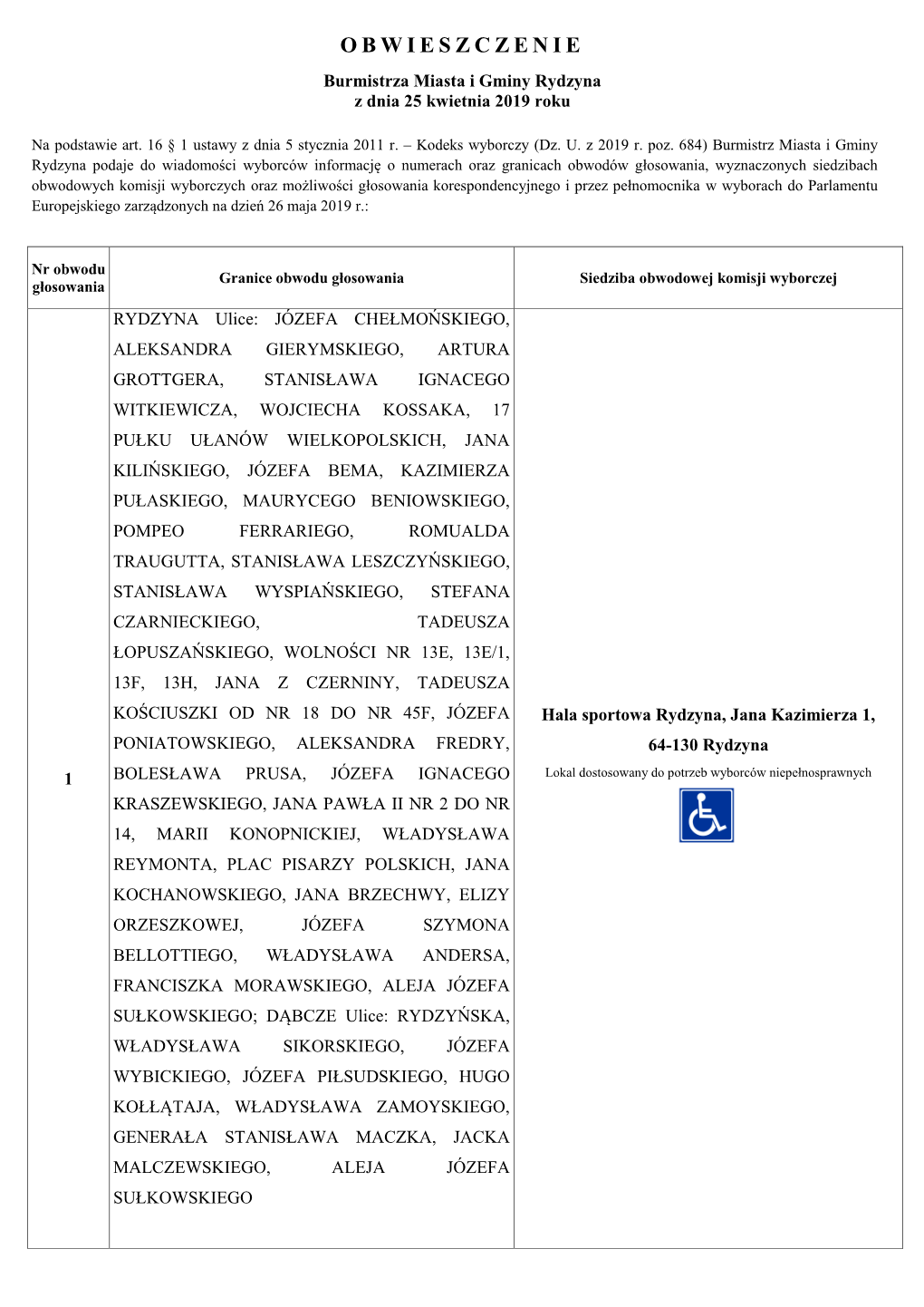 OBWIESZCZENIE Burmistrza Miasta I Gminy Rydzyna Z Dnia 25 Kwietnia 2019 Roku