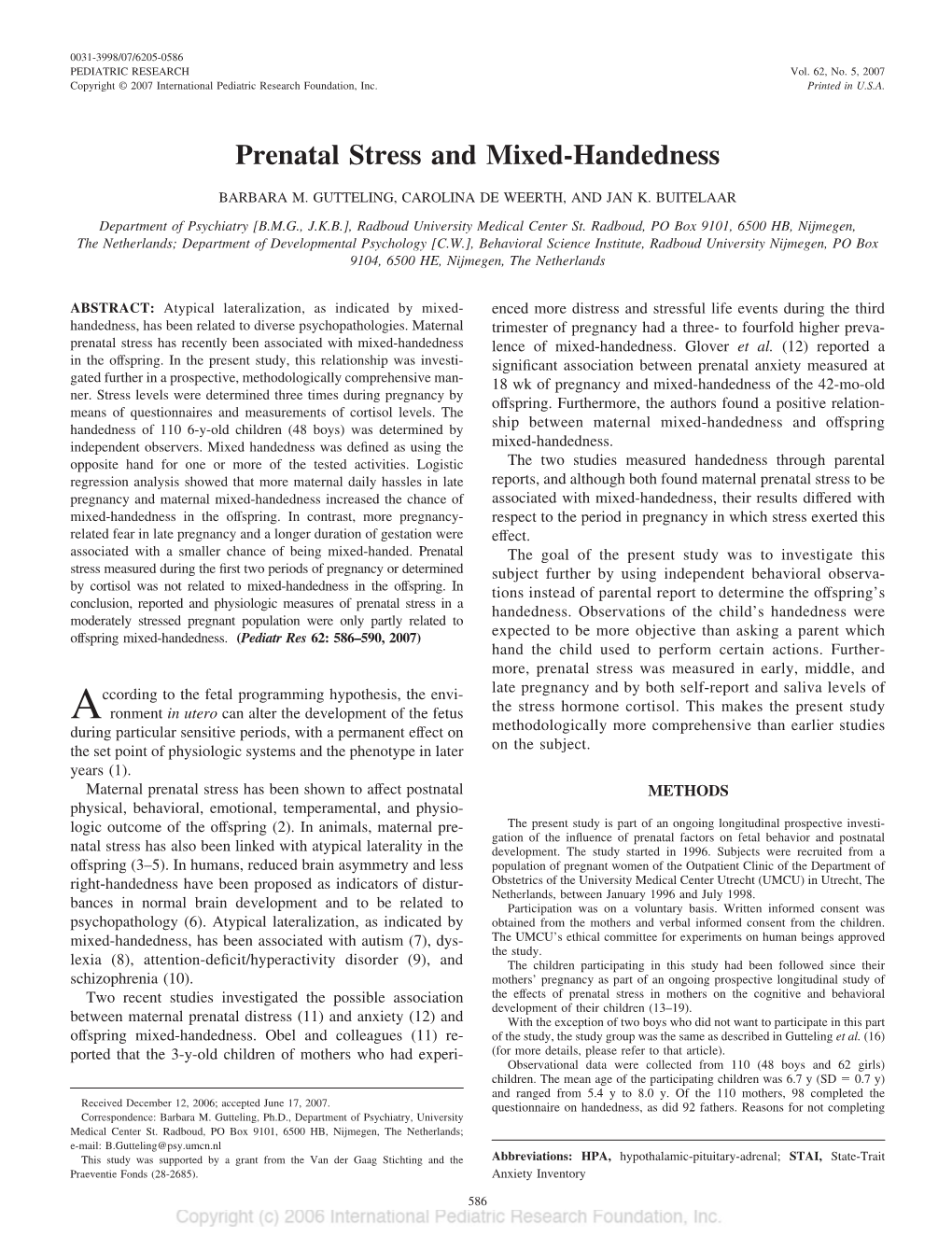 Prenatal Stress and Mixed-Handedness