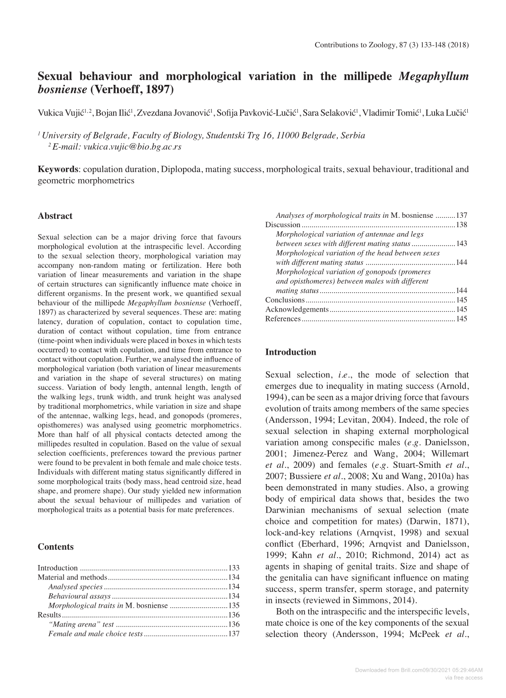 Sexual Behaviour and Morphological Variation in the Millipede Megaphyllum Bosniense (Verhoeff, 1897)