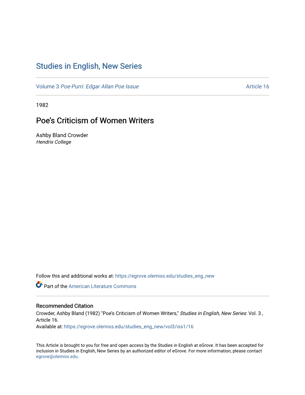 Poeâ•Žs Criticism of Women Writers