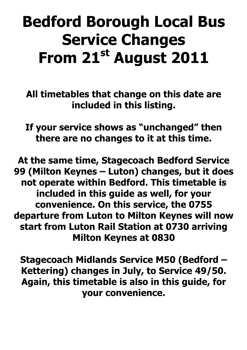 Bedford Borough Local Bus Service Changes from 21 August 2011