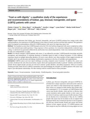 A Qualitative Study of the Experiences and Recommendations of Lesbian, Gay, Bisexual, Transgender, and Queer (LGBTQ) Patients with Cancer