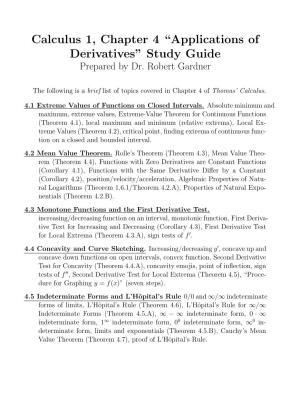 Calculus 1, Chapter 4 “Applications of Derivatives” Study Guide Prepared by Dr