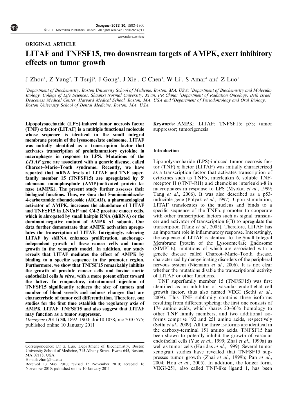 LITAF and TNFSF15, Two Downstream Targets of AMPK, Exert Inhibitory Effects on Tumor Growth