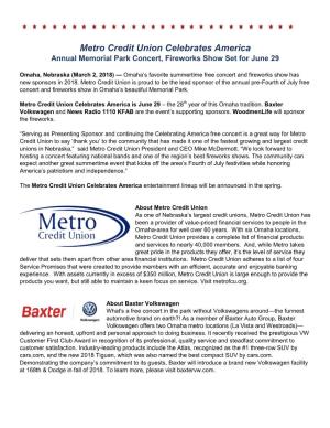 Metro Credit Union Celebrates America Annual Memorial Park Concert, Fireworks Show Set for June 29