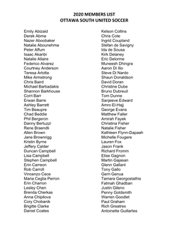 2020 Members List Ottawa South United Soccer