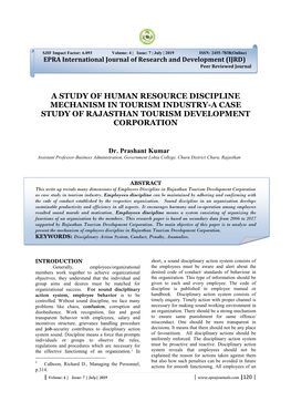 A Study of Human Resource Discipline Mechanism in Tourism Industry-A Case Study of Rajasthan Tourism Development Corporation