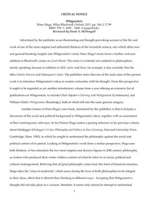 CRITICAL NOTICE Wittgenstein Hans Sluga, Wiley-Blackwell, Oxford