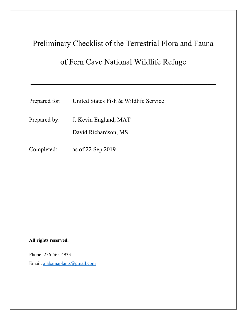 Preliminary Checklist of the Terrestrial Flora and Fauna of Fern Cave