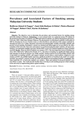 RESEARCH COMMUNICATION Prevalence and Associated Factors of Smoking Among Malaysian University Students
