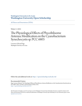 The Physiological Effects of Phycobilisome Antenna Modification on the Cyanobacterium Synechocystis Sp. PCC 6803