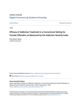 Efficacy of Addiction Treatment in a Correctional Setting for Female Offenders As Measured by the Addiction Severity Index