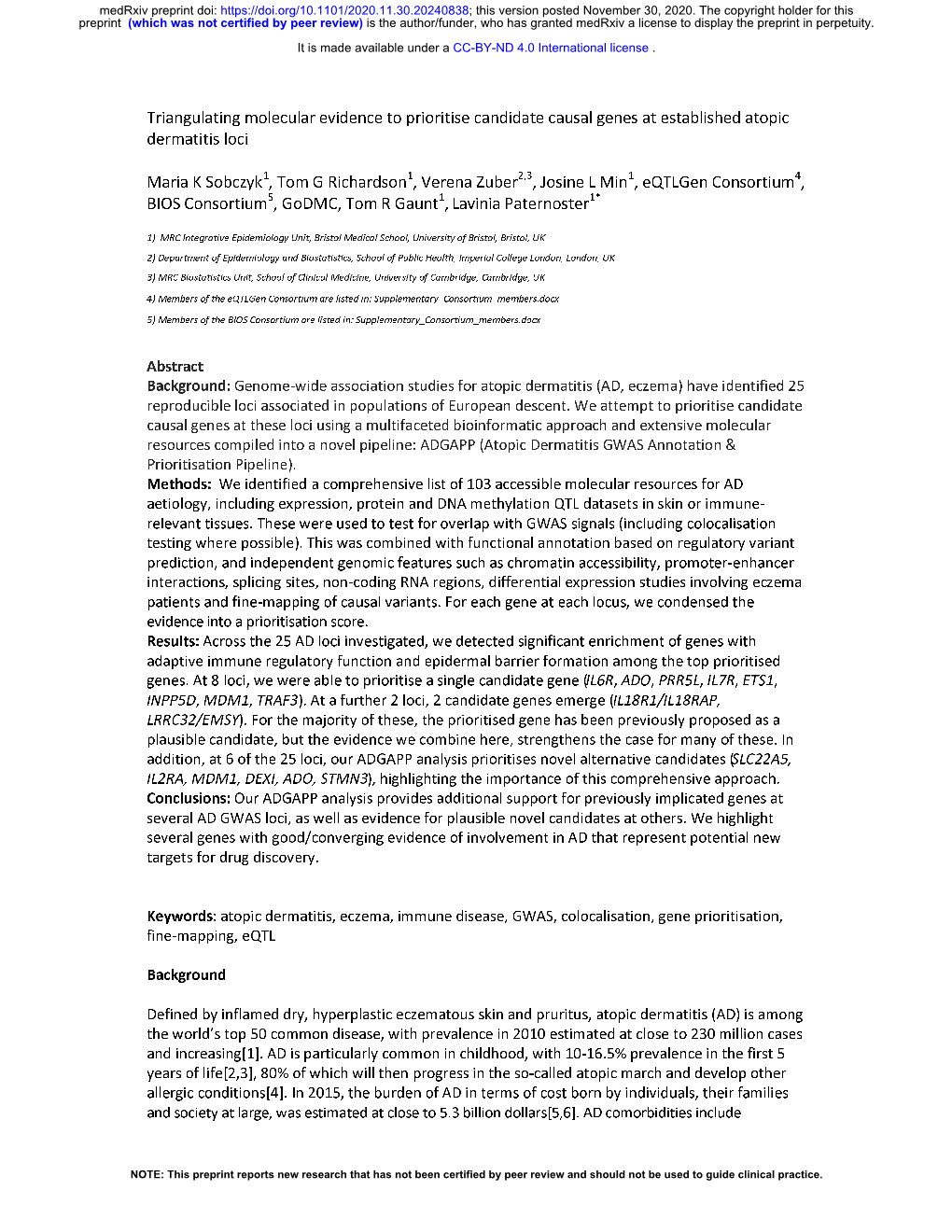 Triangulating Molecular Evidence to Prioritise Candidate Causal Genes at Established Atopic Dermatitis Loci