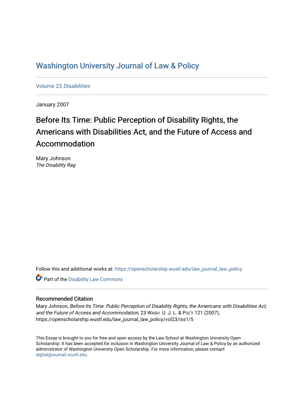 Before Its Time: Public Perception of Disability Rights, the Americans with Disabilities Act, and the Future of Access and Accommodation