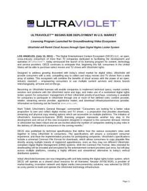 Ultraviolet™ Begins B2b Deployment in U.S. Market