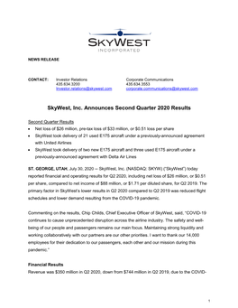 Skywest, Inc. Announces Second Quarter 2020 Results
