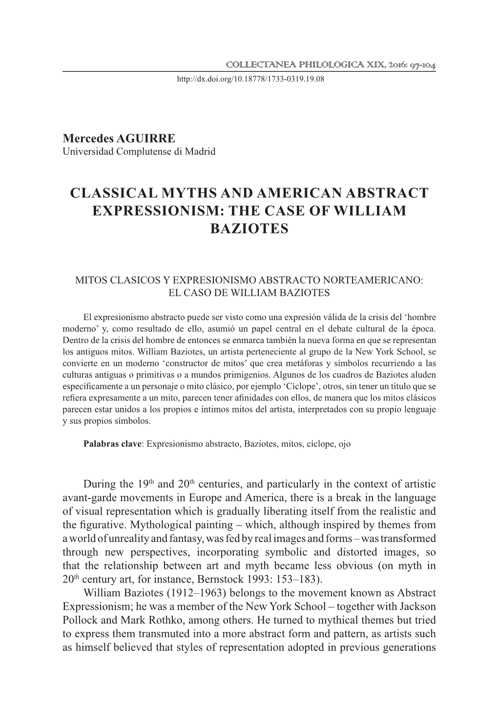 Classical Myths and American Abstract Expressionism: the Case of William Baziotes