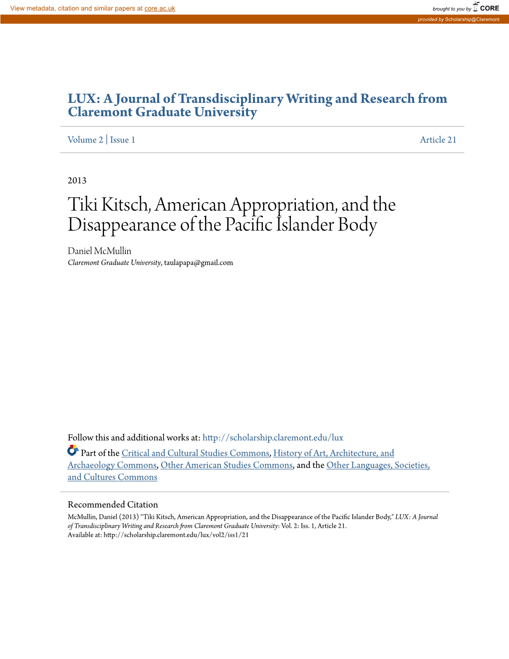 Tiki Kitsch, American Appropriation, and the Disappearance of the Pacific Sli Ander Body Daniel Mcmullin Claremont Graduate University, Taulapapa@Gmail.Com