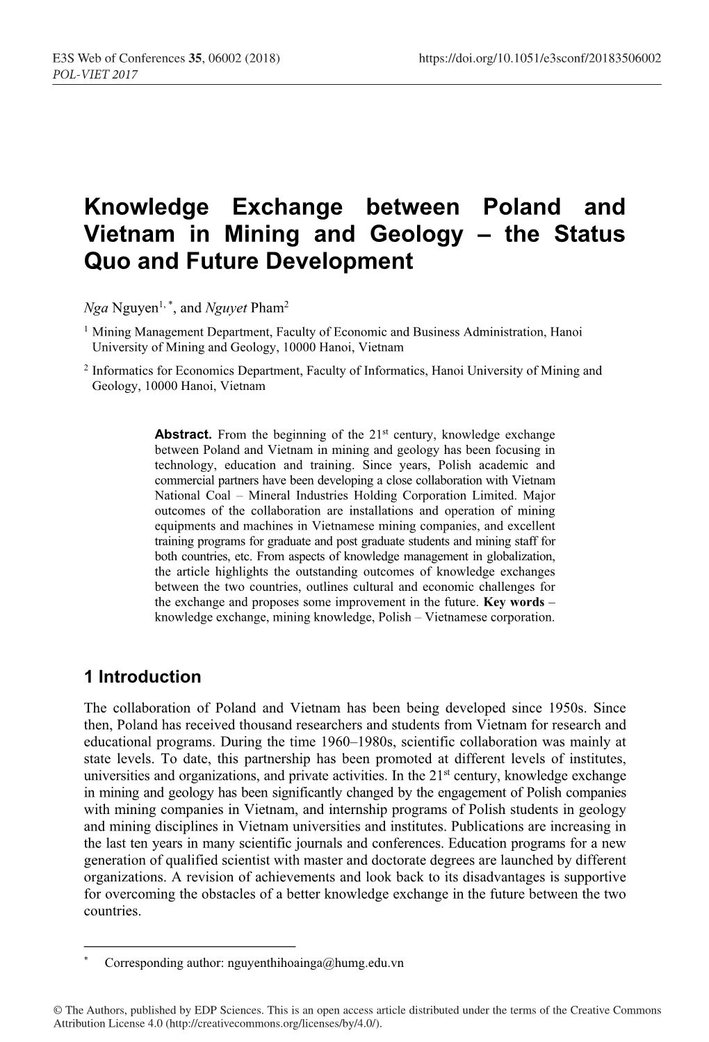 Knowledge Exchange Between Poland and Vietnam in Mining and Geology – the Status Quo and Future Development