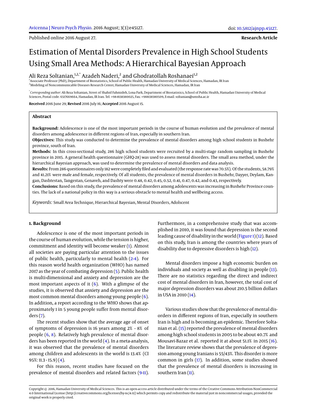 Estimation of Mental Disorders Prevalence in High School