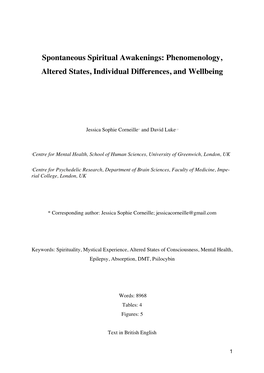 Spontaneous Spiritual Awakenings: Phenomenology, Altered States, Individual Differences, and Wellbeing