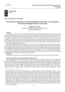 The Literature of the Tatars of the Grand Duchy of Lithuania – Characteristics of the Tatar Writings and Areas of Research