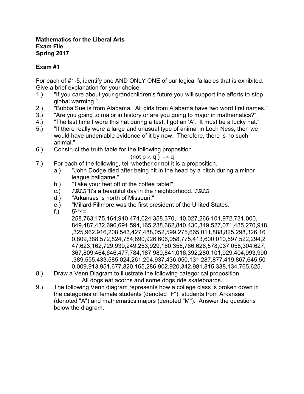 Mathematics for the Liberal Arts Exam File Spring 2017 Exam #1 for Each of #1-5, Identify One and ONLY ONE of Our Logical Fallac