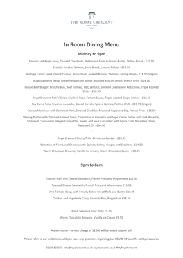 In Room Dining Menu Midday to 9Pm