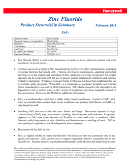 Zinc Fluoride Product Stewardship Summary February 2011