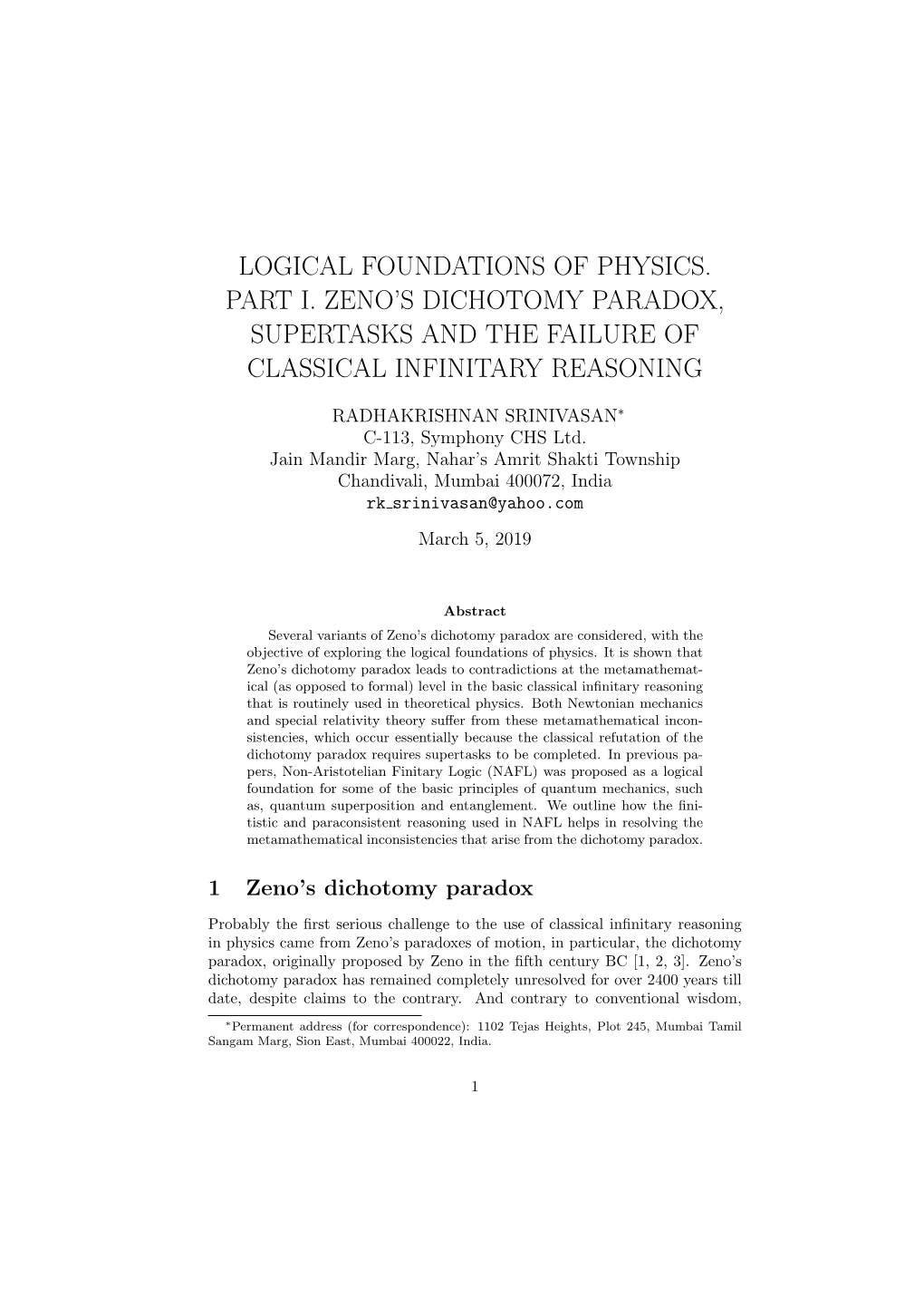 Logical Foundations of Physics. Part I. Zeno's Dichotomy Paradox