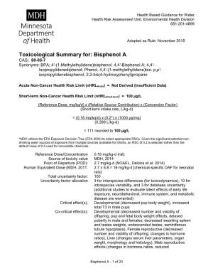 Toxicological Summary for Bisphenol a (PDF)