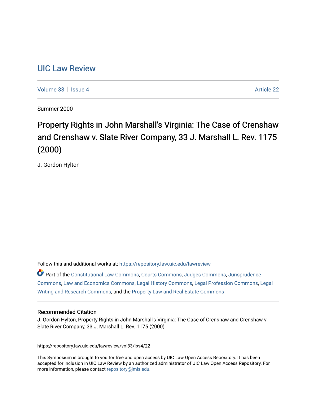 Property Rights in John Marshall's Virginia: the Case of Crenshaw and Crenshaw V