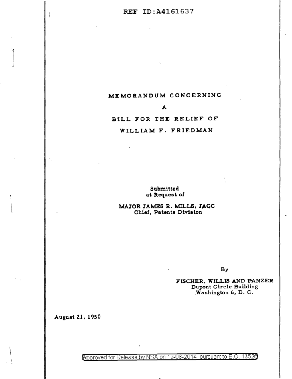 Memorandum Concerning a Bill for the Relief of William F. Friedman