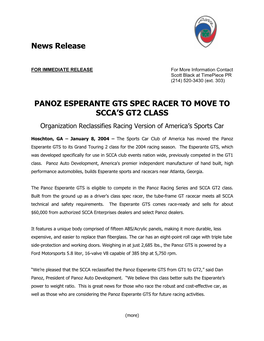 News Release PANOZ ESPERANTE GTS SPEC RACER to MOVE TO