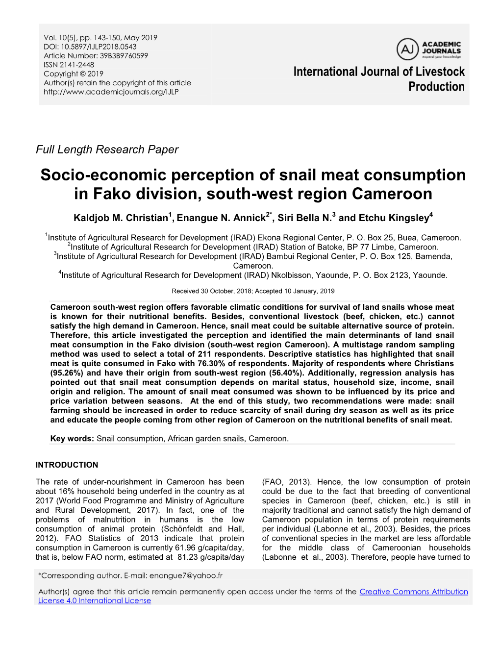 Socio-Economic Perception of Snail Meat Consumption in Fako Division, South-West Region Cameroon